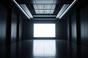 Poster - futuristic empty dark room with illuminated blank screen on wall.