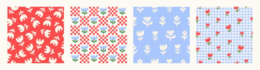 Poster - Set seamless patterns with cute hand drawn flowers. Vector illustration.