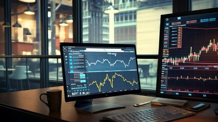 Poster - Market Analysis Workspace: An office setting showcasing a modern workspace with computer monitors displaying charts and data, offering insights into market analysis. 