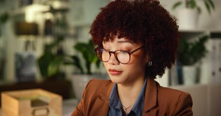 Poster - Journalist, woman and happy with computer in office for article planning, story research or info verification. Creative agency, night or employee with project deadline or blog editing for publication