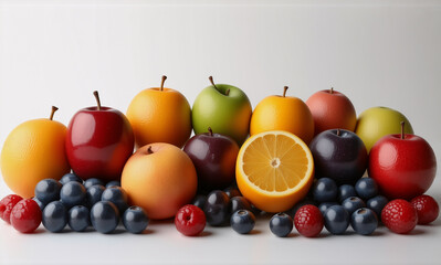 Aufkleber - A colorful arrangement of various fresh fruits including apples, oranges, plums, blueberries, and raspberries are displayed against a clean white backdrop.