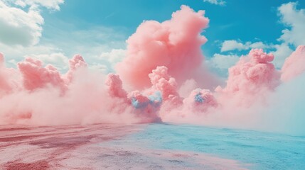 Aufkleber - Pink and blue smoke cloudscape over a flat, desert-like landscape under a bright blue sky.