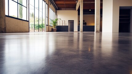 Poster - Polished concrete floor in a large, bright, modern loft space with large windows and exposed beams.