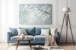 © Sadika Islam - Serene Blossom Branch Artwork graces a calm living room, evoking tranquility with soft, muted tones and a subtle blue background.