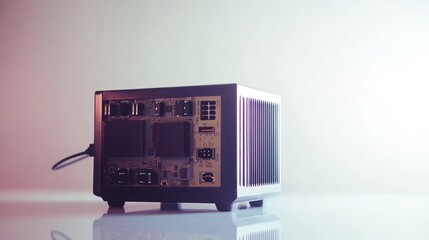 Aufkleber - Rear view of a small, modern computer case with visible components and connections.