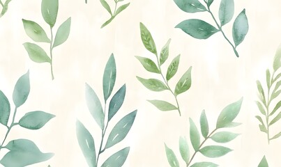 Wall Mural - watercolor painting Ferns and leaves in soft greens, arranged to create an organic pattern, Generative AI