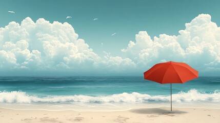 Poster - Red beach umbrella on sandy shore, under a bright summer sky with fluffy clouds and ocean waves.