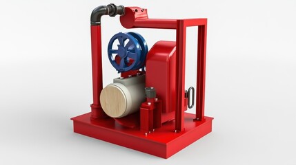 Poster - Red industrial pump system with pipes and valves on a white background.