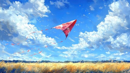 Aufkleber - Red kite flying high in a bright summer sky above a golden field.