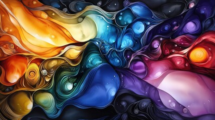 Poster - A vibrant abstract composition featuring swirling colors of orange, blue, green, and purple, creating a dynamic and fluid visual experience.