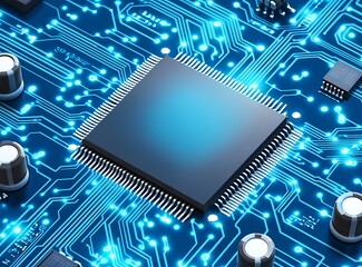 blue circuit board background, a computer technology pattern with a close-up view of a printed elect