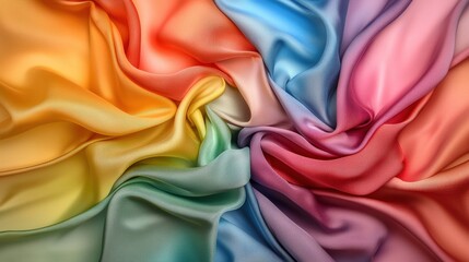 Poster - A vibrant swirl of colorful silk fabric, showcasing a blend of pastel shades and smooth textures, creating a visually appealing design.