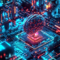 Poster - Artificial Intelligence Brain on Circuit Board with Glowing Pathways: Data Processing and Future Technology 