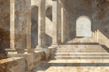 Poster - ancient stone steps leading to a bright light through an archway, play with light and shadow to evok