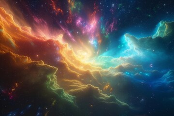 Poster - A vibrant cosmic cloud of colors intermingling in deep space, showcasing hues of orange, blue, and purple, as starlight twinkles across the vast universe at twilight