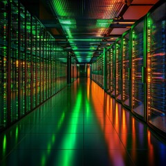 Aufkleber - Data Center Illumination: A view down a brightly lit server room with green and orange lights reflecting off the floor.