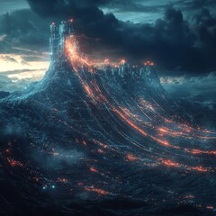 Fototapete - Futuristic Cyberpunk Mountain Cityscape Illuminated at Night under a Dramatic Sky, Artificial Intelligence and Technology Fusion