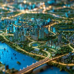 Poster - Miniature Cityscape: Detailed Model of a Modern Urban Metropolis with River, Parks, and Glowing Roads