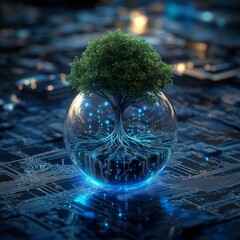 Poster - Nature Integrated: Tree in a Glass Sphere Above a Complex Circuit Board, Symbolizing Technology and Ecology Fusion.