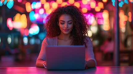 Poster - Young beautiful woman with curly hair using a laptop with colorful neon lights in the background