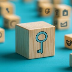 Poster - Unlock the Possibilities: Wooden Block with Key Icon on a Blue Background Surrounded by Cubes with Various Symbols