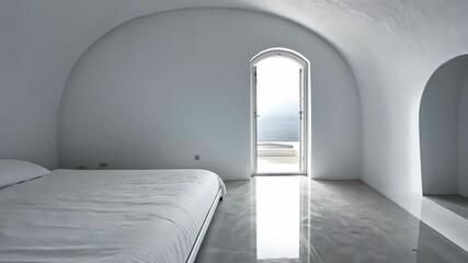 Poster - Minimalist bedroom interior with large window and smooth flooring in serene setting during daylight
