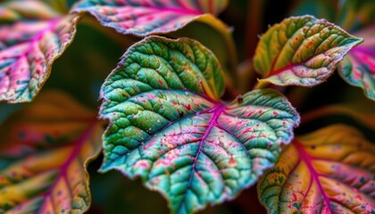 Poster - Textured Leaves A close up of textured leaves and delicate veins, capturing the intricacies of nature in vibrant colors.