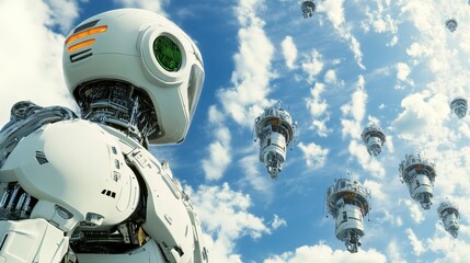 Poster - High-Tech 3D Artwork of AI-Controlled Robots in a Futuristic Sky Environment