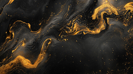 Poster - Golden stardust drifting in a deep black void, glittering background in shades of black and gold perfect for elegant designs, Abstract golden waves with a dark background.
