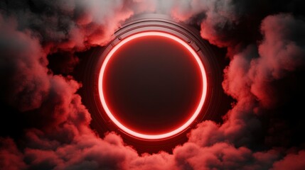 Poster - Futuristic Circular Design with Red Glow Surrounded by Dark Clouds in a Digital World