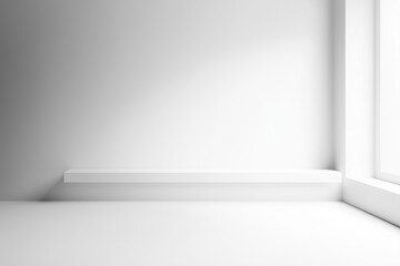 Poster - minimalist white room interior with shelf and natural light from window