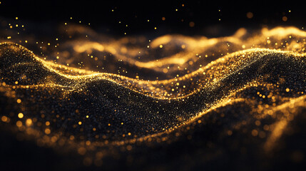 Poster - Golden stardust drifting in a deep black void, glittering background in shades of black and gold perfect for elegant designs, Abstract golden waves with a dark background.