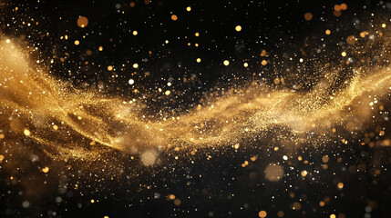 Poster - Golden stardust drifting in a deep black void, glittering background in shades of black and gold perfect for elegant designs, Abstract golden waves with a dark background.