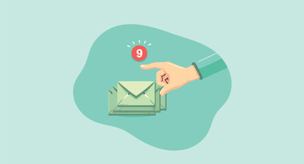 Poster - hand reaching for a stack of light green envelopes.