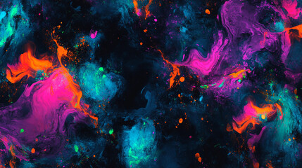 Poster - Swirling abstract painting with vivid colors, vibrant abstract paint splash of colorful orange, pink, and blue tones on black background, Dynamic color splash art abstract  digital artwork.