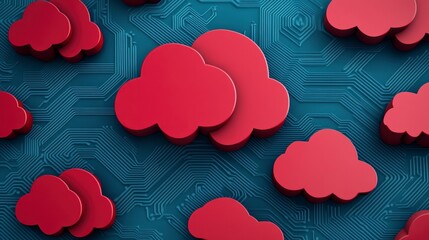 Poster - Abstract Red Clouds on Blue Circuit Background Representing Technology and Innovation Concepts