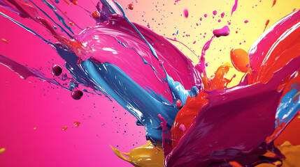 Poster - Swirling abstract painting with vivid colors, vibrant abstract paint splash of colorful orange, pink, and blue tones on black background, Dynamic color splash art abstract  digital artwork.
