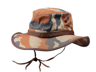 a camouflage bucket hat with a brown band and a drawstring against a image view on transparent backg