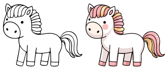  Pony Horse Line Art Vector Outline Illustration Black and White with Coloring Sample