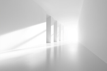 Poster - Walking Through Minimalist White Corridor with Column Structure and Bright Light