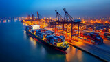 Cargo ship loading containers at a busy port at night