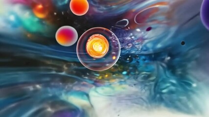 Poster - Celestial Spheres: An abstract representation of the cosmos unveils vibrant spheres and swirling nebulas, inviting exploration of the universe's grandeur, evoking a sense of awe and wonder.