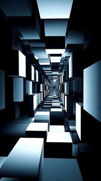 Abstract 3D Tunnel of Blue and Dark Cubes