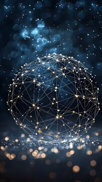 Glowing Geometric Sphere with Golden Lights and Dark Blue Background