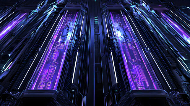 Abstract Futuristic Purple and Blue Digital Art with Glowing Lines and Symmetrical Patterns