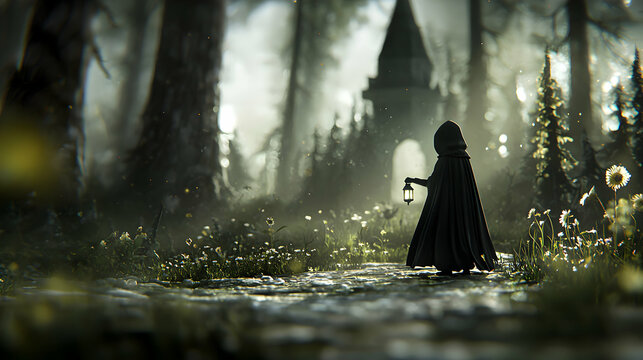 Hooded Figure with Lantern in a Dark Foggy Forest