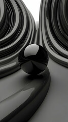Fototapete - Black Glossy Sphere Amidst Abstract Curves and Lines