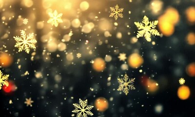 Wall Mural - Delicate Snowfall Animation Featuring White Snowflakes and Glowing Red and Gold Decorations on Black Canvas Made with Generative AI Technology