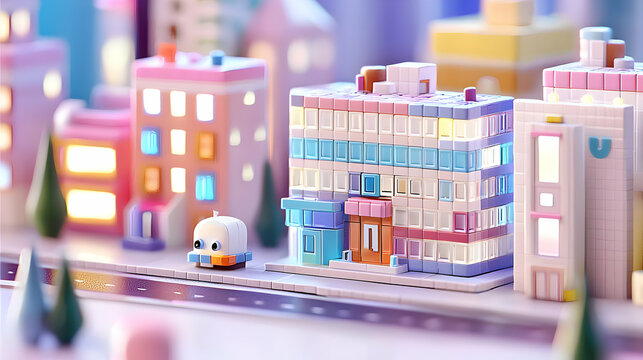 Adorable Animal in Pastel Pixel City at Night