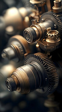 Close-Up of Intricate Bronze and Gold Gears in Dark Setting